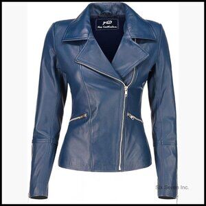 Real Lambskin Leather Motorcycle Jacket with Asymmetrical Zip-Up